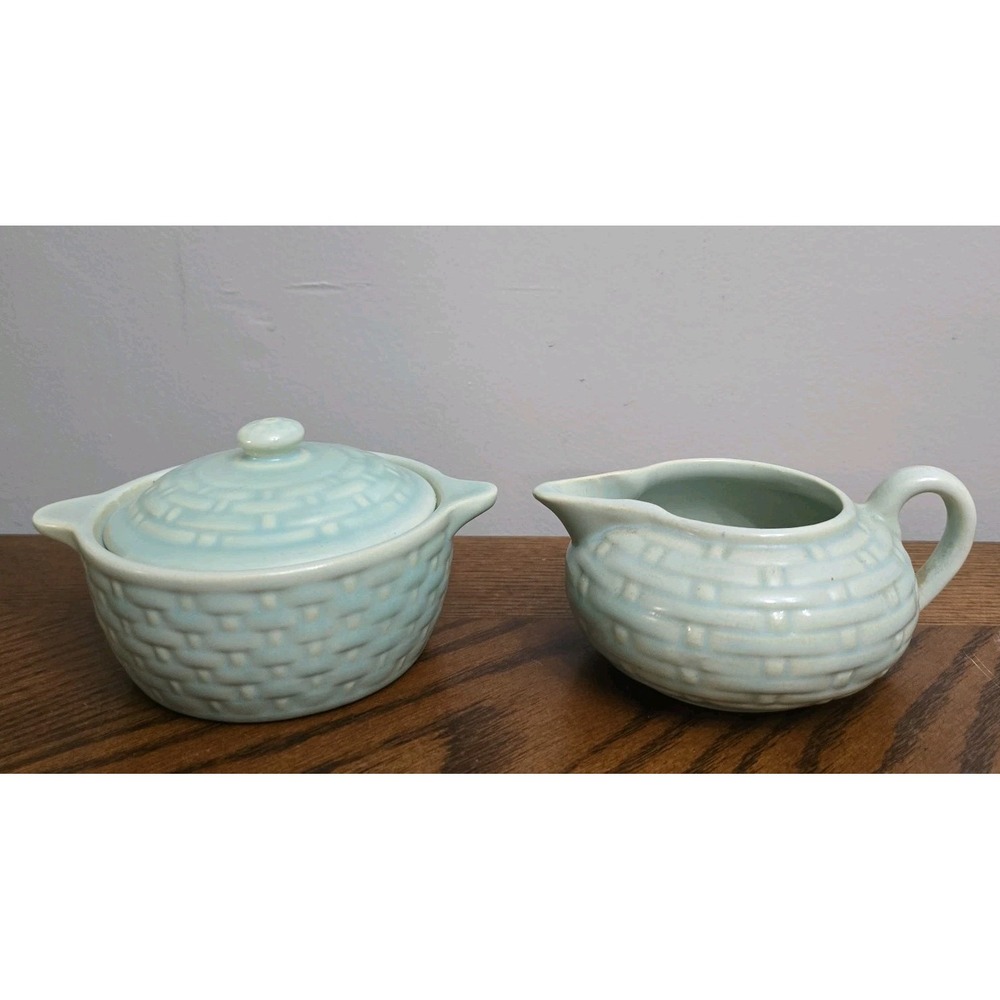 Weller Pottery Pierre Basket Weave Cream and Sugar Aqua Pastel Vintage RARE